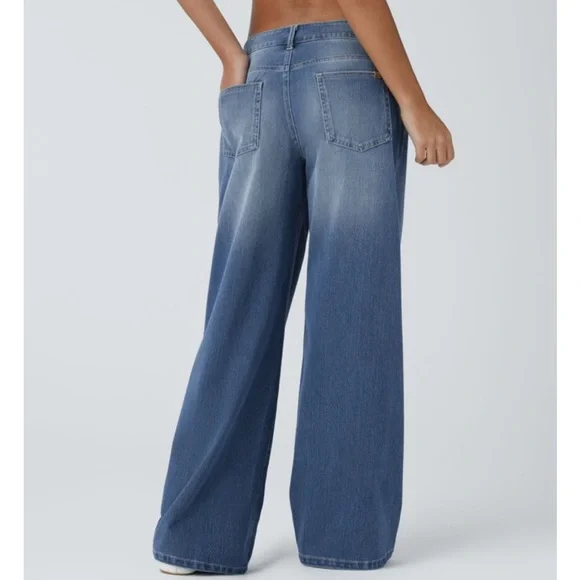 Halara medium wash asymmetrical low rise waist soft denim wide leg jeans, new - Picture 3 of 11